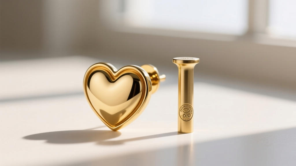 Side profile of a 20-gauge gold vermeil heart earring post beside a thin brass fashion post, showing metal thickness and stamps.