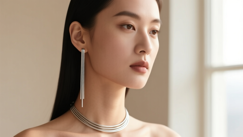 Profile of a model wearing a silver lariat chain earring that elongates her jawline against a soft, minimalist neutral background.