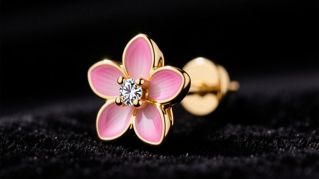 Close-up of a 14k gold stud earring with a five-petal pink vitreous enamel flower and diamond center on dark velvet.