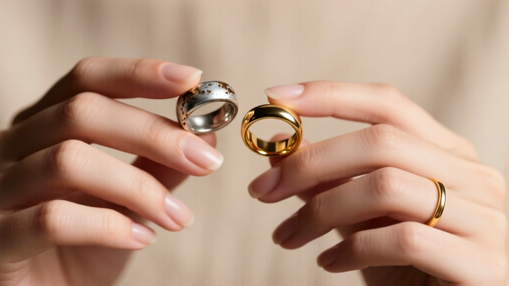 Close-up of hands holding a tarnished silver ring and a bright 14k gold ring, comparing metal maintenance under soft light.