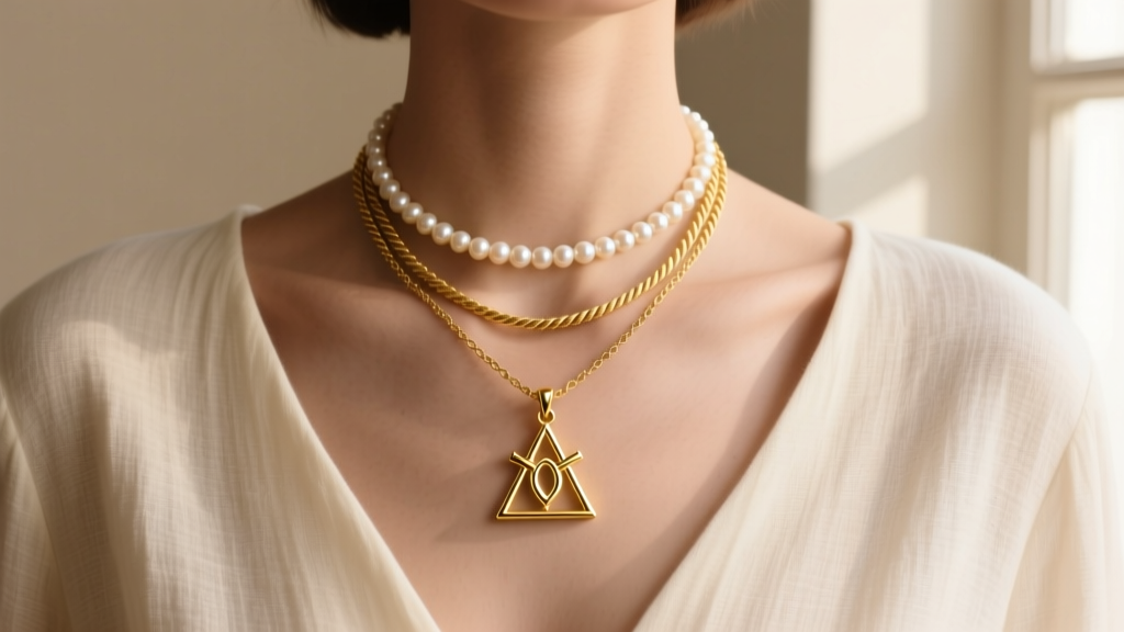 Gold vermeil Deathly Hallows pendant layered with a pearl choker and a 22-inch rope chain on a neutral linen top in soft light.