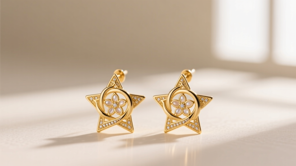 Close-up of 14k gold vermeil Stella Rose earrings with intertwined star and floral motifs against a soft studio backdrop