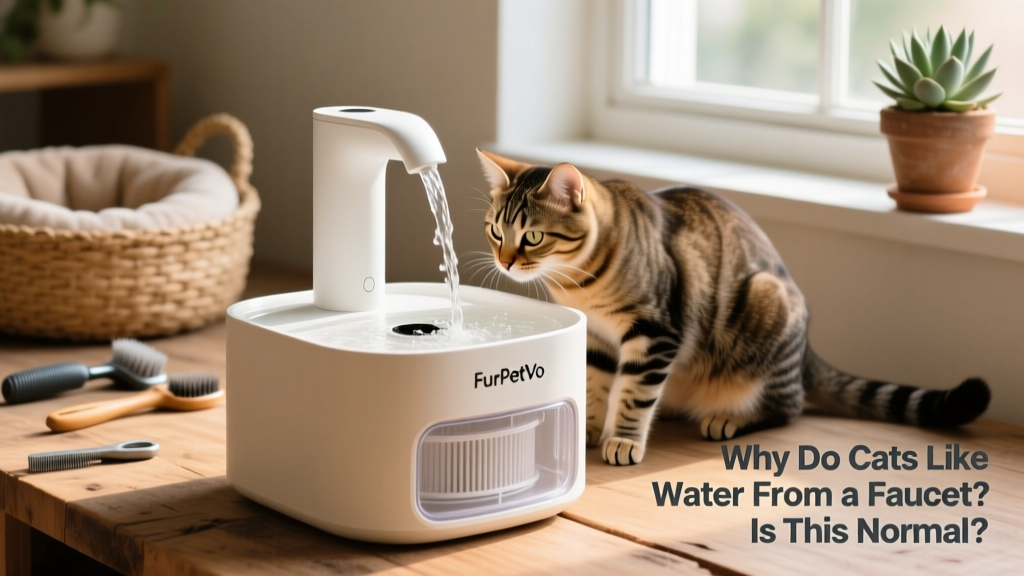 A sleek, modern FurPetVo water fountain with gentle water flow and visible filter compartment
