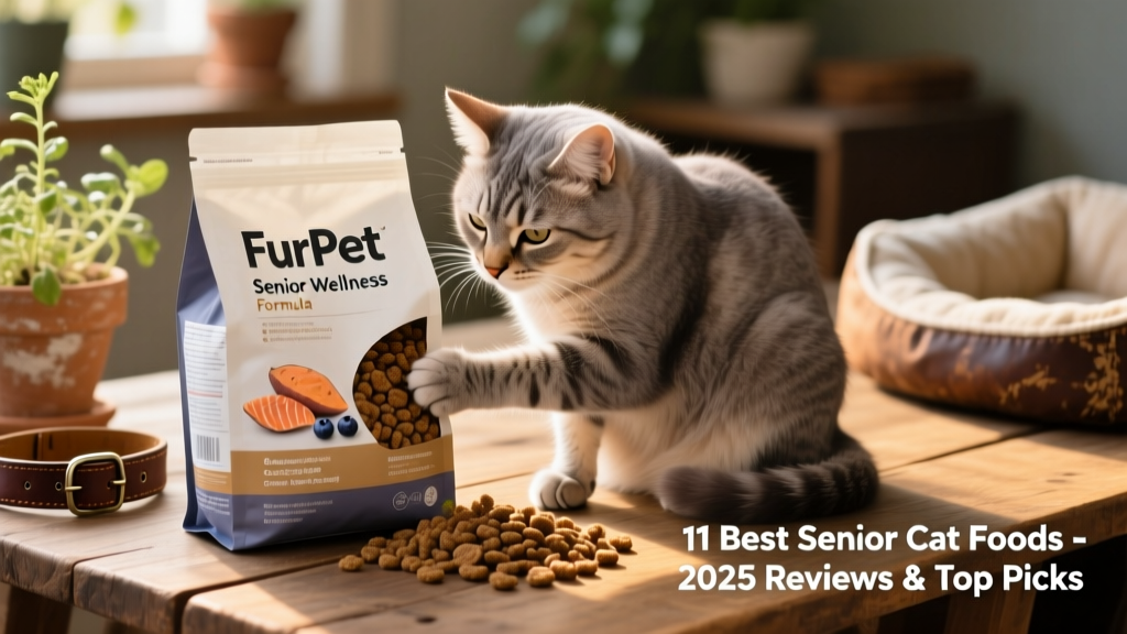 Happy senior cat grooming beside an open bag of FurPetVo Senior Wellness Formula with visible kibble texture and natural ingredient labels