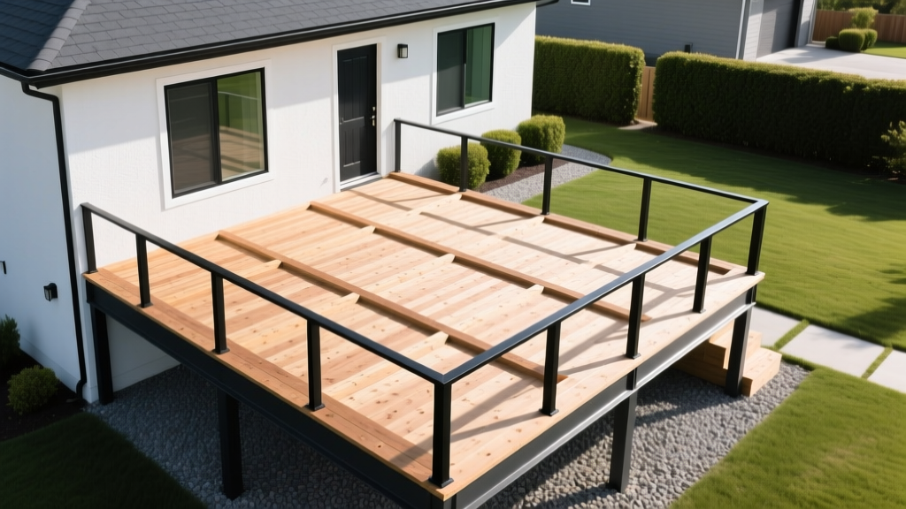 Overhead view of a newly built 10x10 pressure-treated wood deck with steel framing and modern black aluminum railings attached to a suburban home