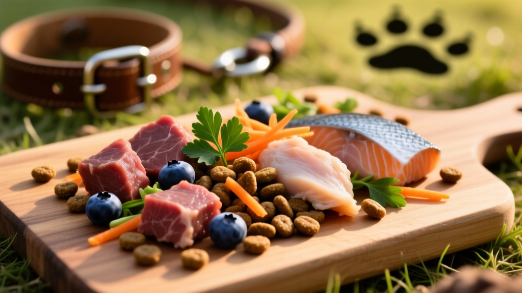 Close-up of FurPetVo Original kibble showing varied meat pieces, colorful botanicals, and small, nutrient-dense pellets