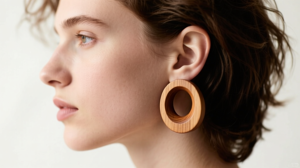 Side profile of person wearing 00G wooden tunnel earrings with large center hole, highlighting stretched earlobe jewelry styling