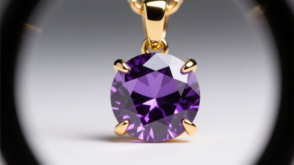 Loupe view of a faceted purple sapphire in an 18k gold prong pendant, showing precise facet junctions and a rich violet hue