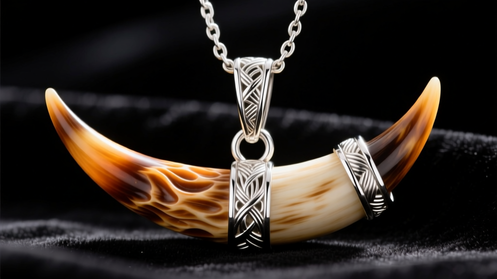 Macro shot of a thick horn pendant on a wide sterling silver bail, showing secure threading and polished edges on dark velvet.