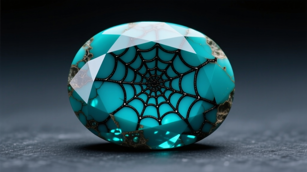 Macro shot of a natural blackjack turquoise cabochon with deep blue-green color and thick black spiderweb matrix on dark slate.