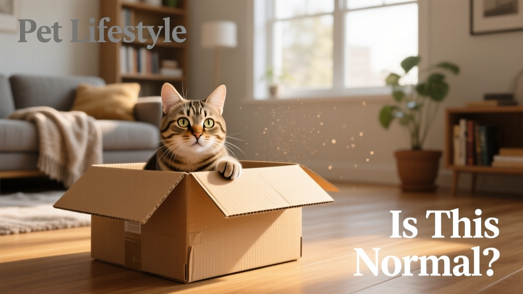 A relaxed cat peeking out from inside a cardboard box in a sunlit living room