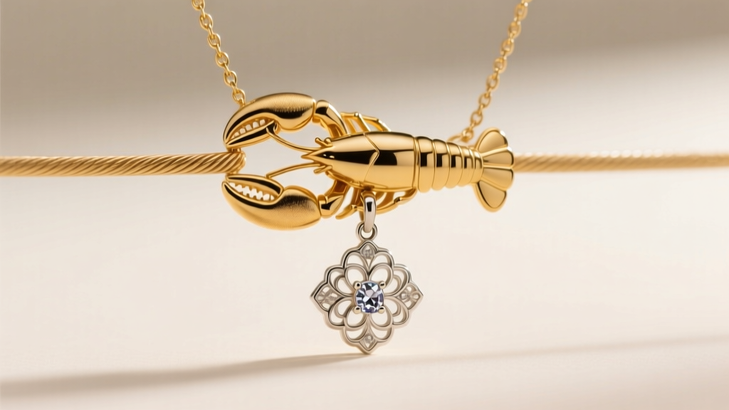 Macro shot of a gold lobster clasp securing a 20-gauge cable chain extender to a delicate pendant necklace in soft studio light.