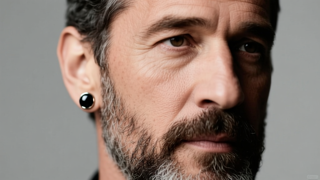 Close-up portrait of a bearded man wearing a subtle 4mm black onyx stud earring in his left ear lobe under soft studio lighting