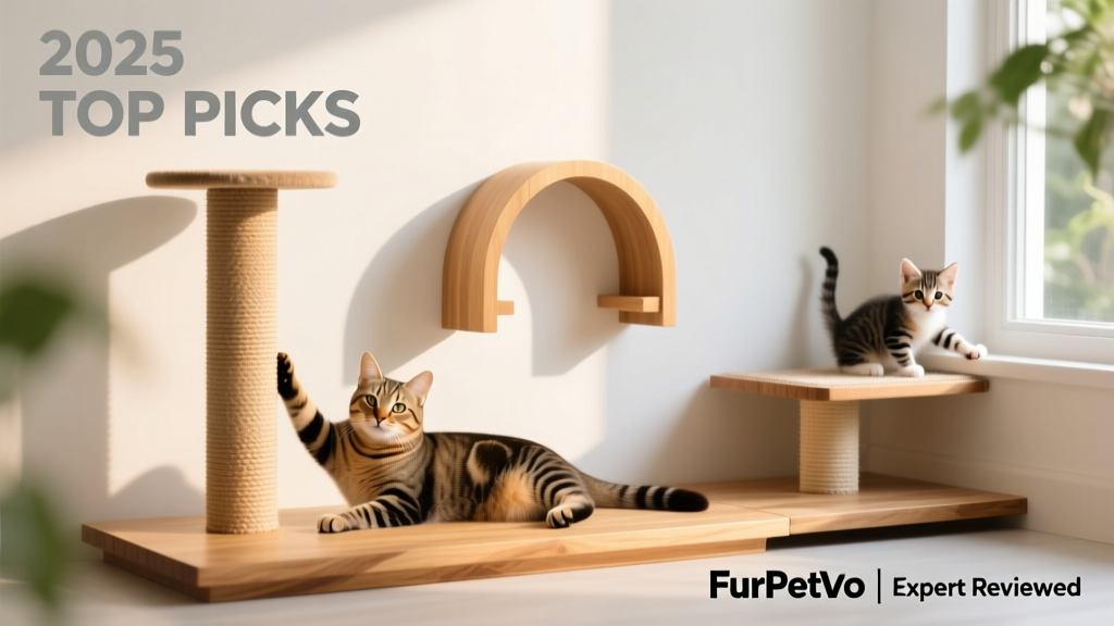 Side-by-side comparison of three FurPetVo scratching posts: tall tower, wall-mounted arch, and compact window perch