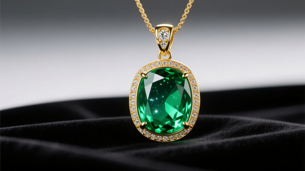 18k gold emerald pendant on dark velvet, displaying a 15-carat Colombian stone with natural inclusions under soft studio lighting.