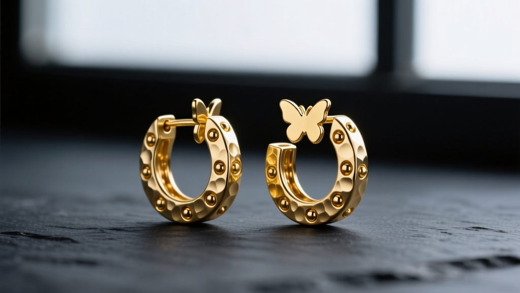 Close-up of Sandra embossed gold stud earrings on dark slate, highlighting hammered texture and butterfly backs in soft lighting.