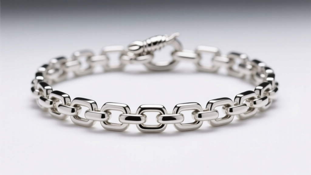 Macro shot of a delicate sterling silver box chain with a small lobster clasp, showing interlocking square links on white.