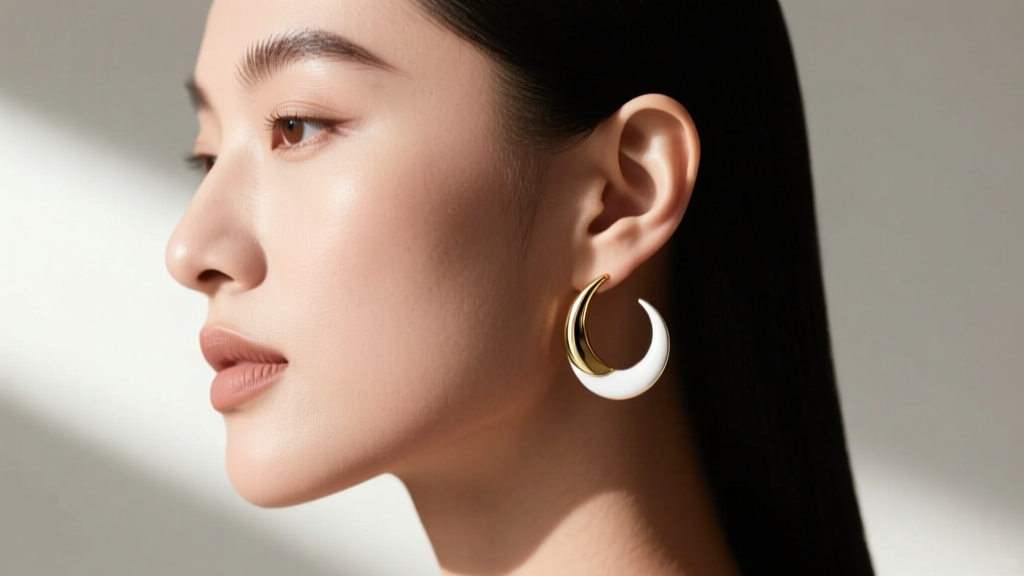 Side profile of a model wearing 14k white gold crescent hoops, demonstrating ideal earlobe clearance and perfect weight balance.