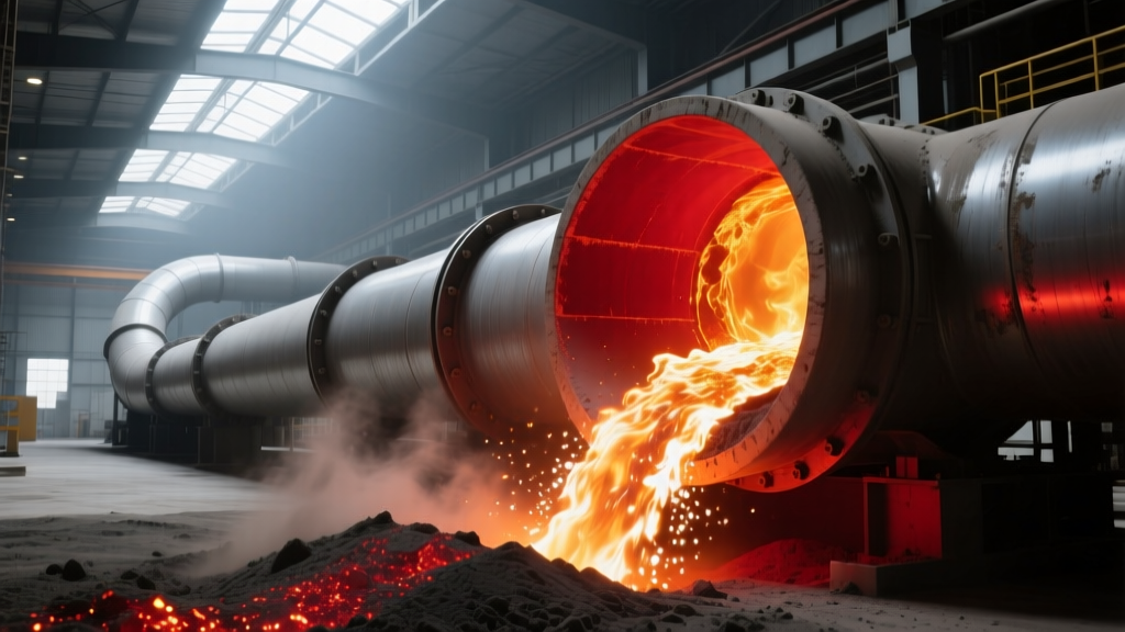 Heavy-duty ceramic-lined pneumatic conveying pipeline transporting glowing hot cement clinker in an industrial processing plant