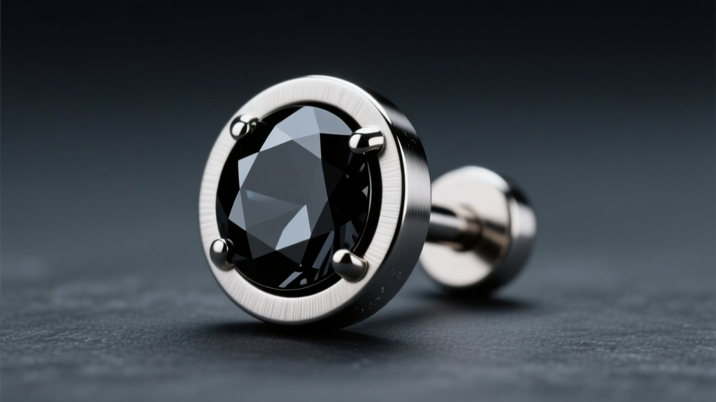 Macro shot of 18-gauge titanium flat back labret stud with black onyx gem on dark slate under soft directional studio lighting