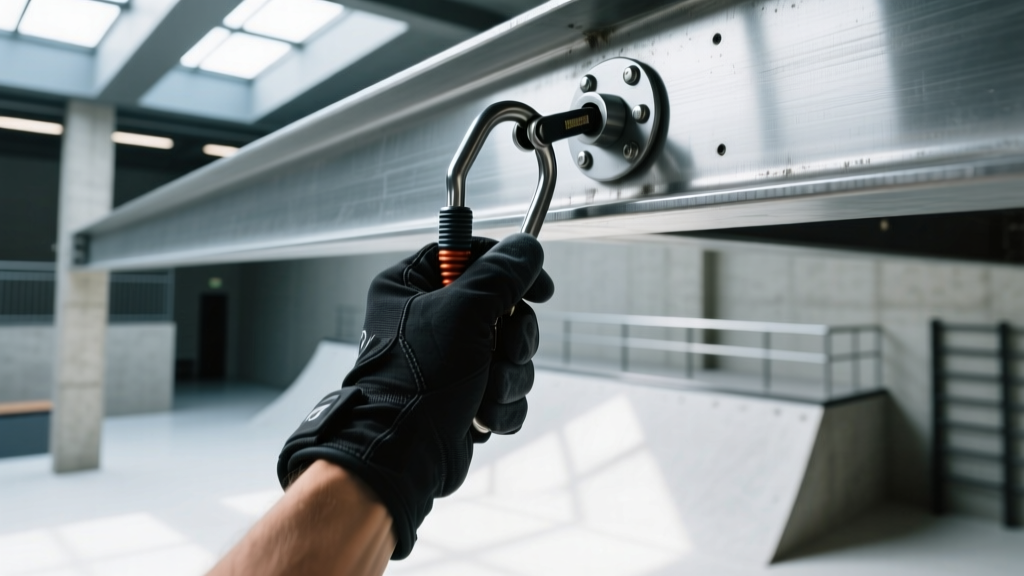 First-person view of a wrist grapple deployed in an urban parkour gym, with the magnetic anchor securely attached to a steel I-beam.