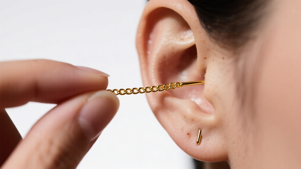 Macro shot of fingers gently pulling a 14k gold threader chain through a healed earlobe piercing, bright studio lighting background