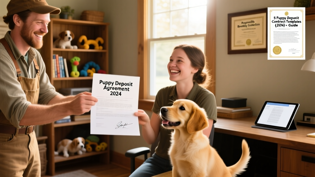 A friendly breeder handing a signed contract to an excited new puppy owner