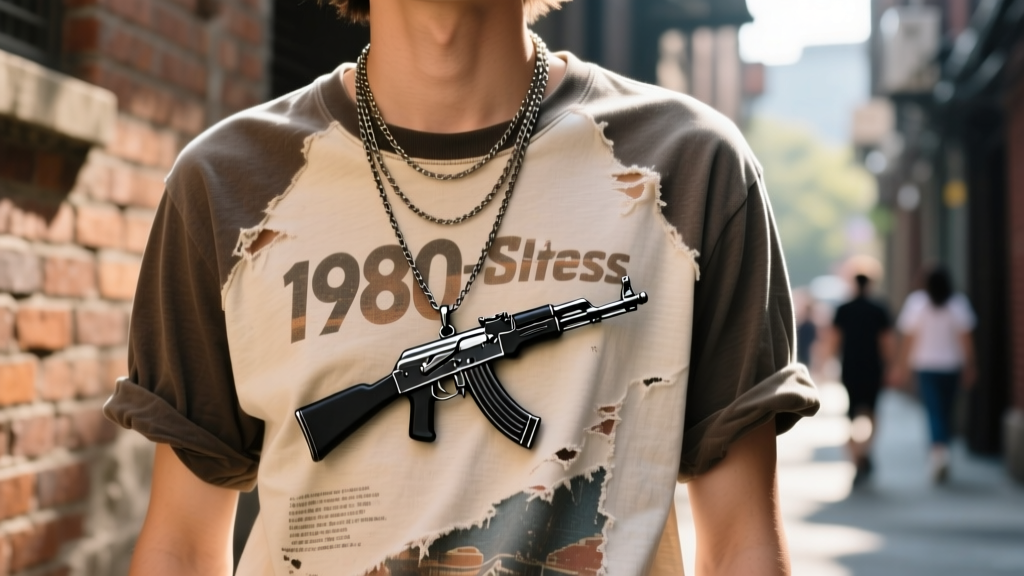Street style photo of a layered necklace setup featuring a small matte black steel AK 47 pendant over a vintage graphic tee