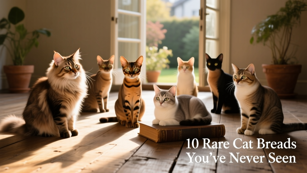 A diverse group of rare cat breeds posed together on a sunlit wooden floor