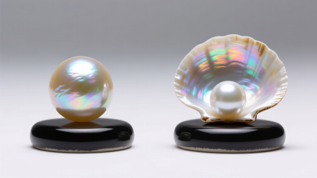 Side-by-side comparison of genuine nacre freshwater coin pearl and painted shell pearl imitation under bright studio lighting.