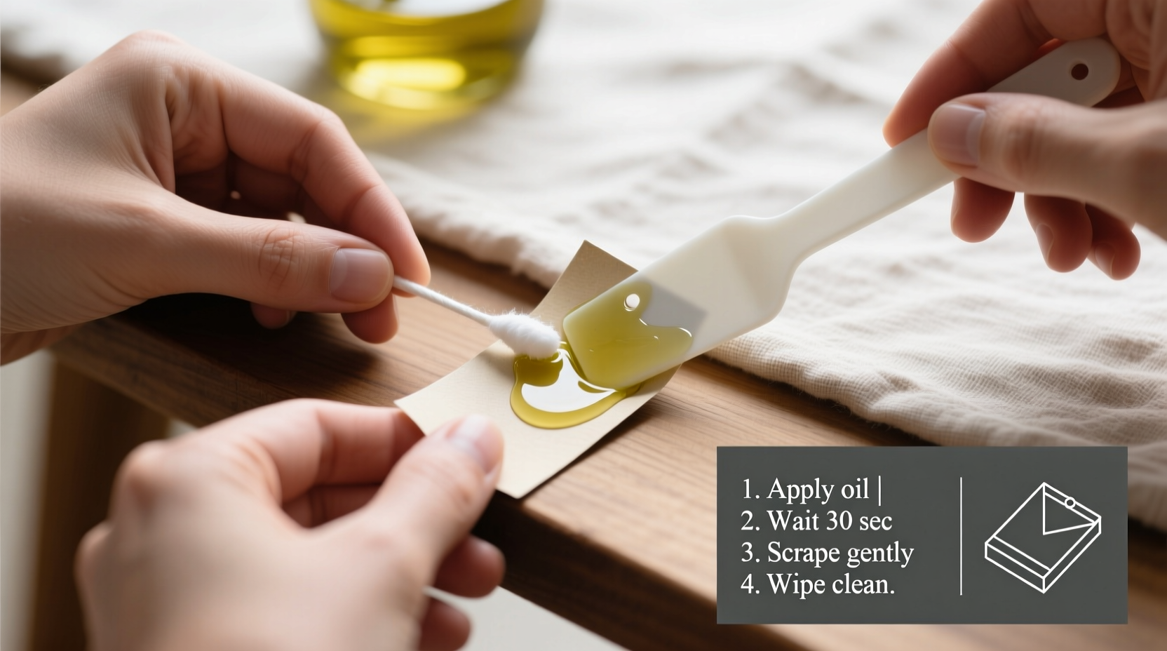 how to remove price tags without residue using oils and gentle scraping tools