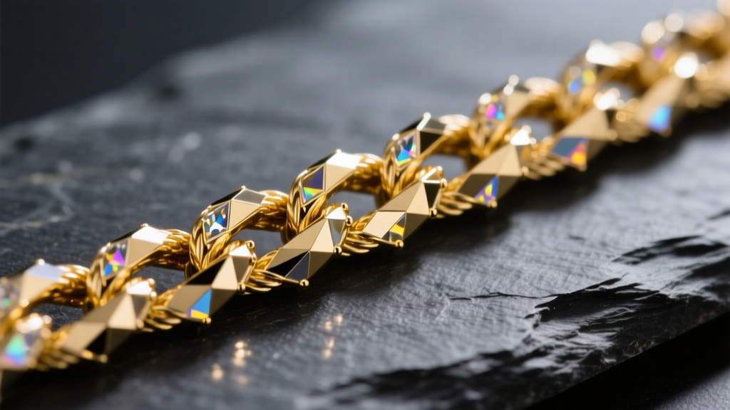 Macro shot of a 14k yellow gold diamond cut rope chain on dark slate, highlighting faceted metal reflections.