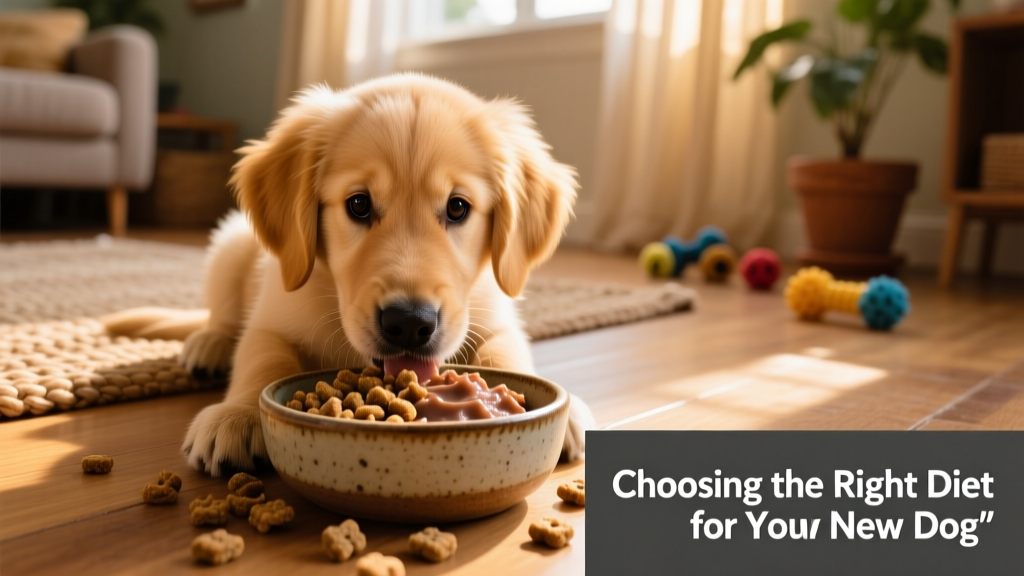 A happy puppy eating from a ceramic bowl with both kibble and wet food visible