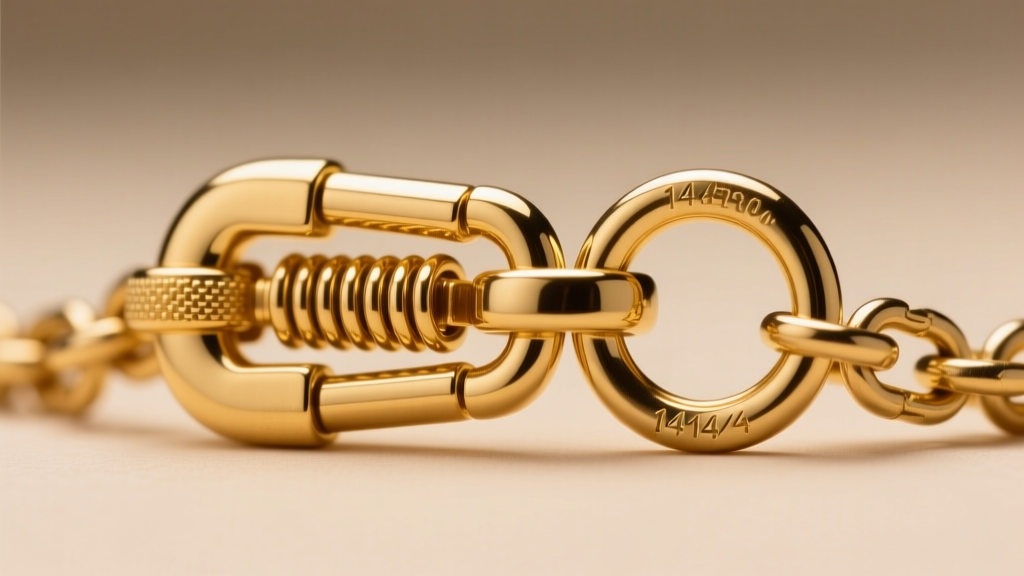 Macro shot of a 14k gold lobster clasp and 18-gauge jump ring on a 14-gauge rolo chain, showing the mechanical spring mechanism.