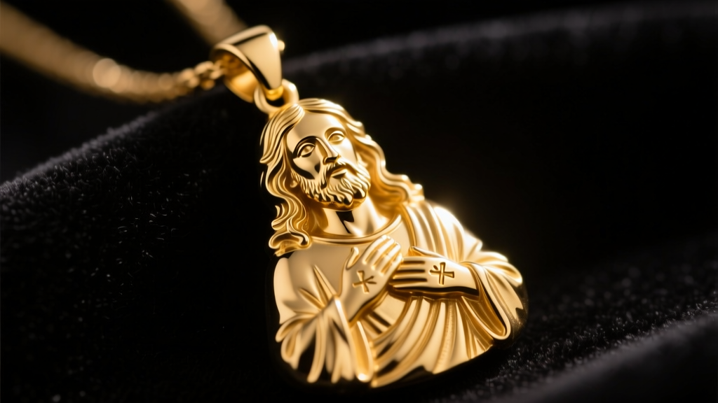 Close-up of a 14k solid gold Jesus pendant on dark velvet, warm lighting highlighting intricate facial and hand engraving details.