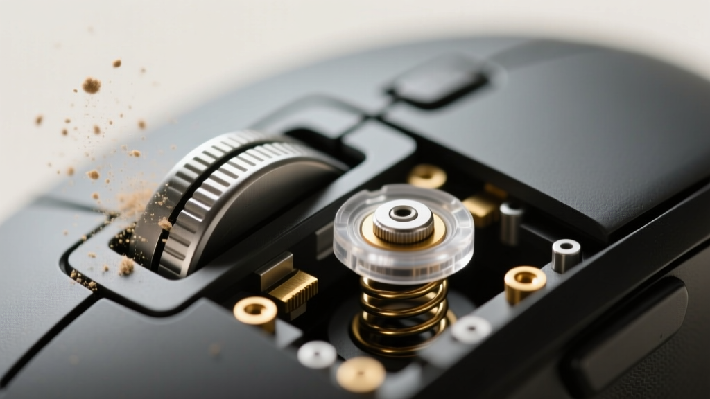 Close-up macro shot of the Logitech MX Master 3S silent optical switch mechanism showing dust ingress around the primary left-click actuator.