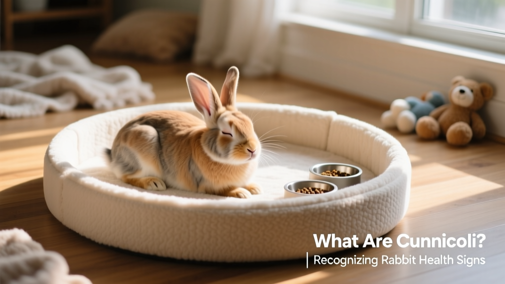 Rabbit resting comfortably on a soft, low-sided fleece-lined enclosure with accessible food and water dishes nearby