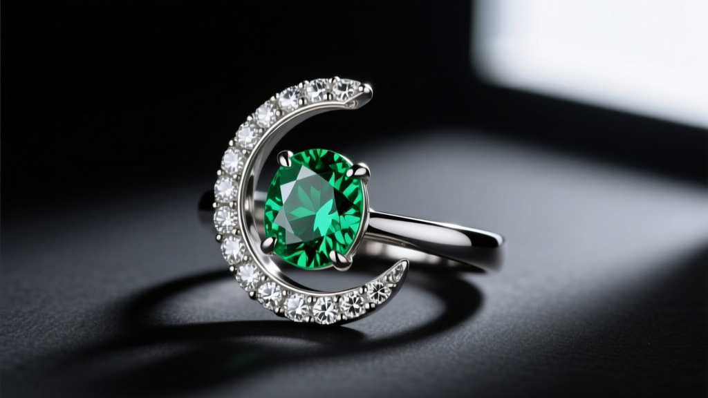 Macro shot of asymmetrical halo ring jewelry with a green tsavorite center stone and crescent diamond halo on dark slate.