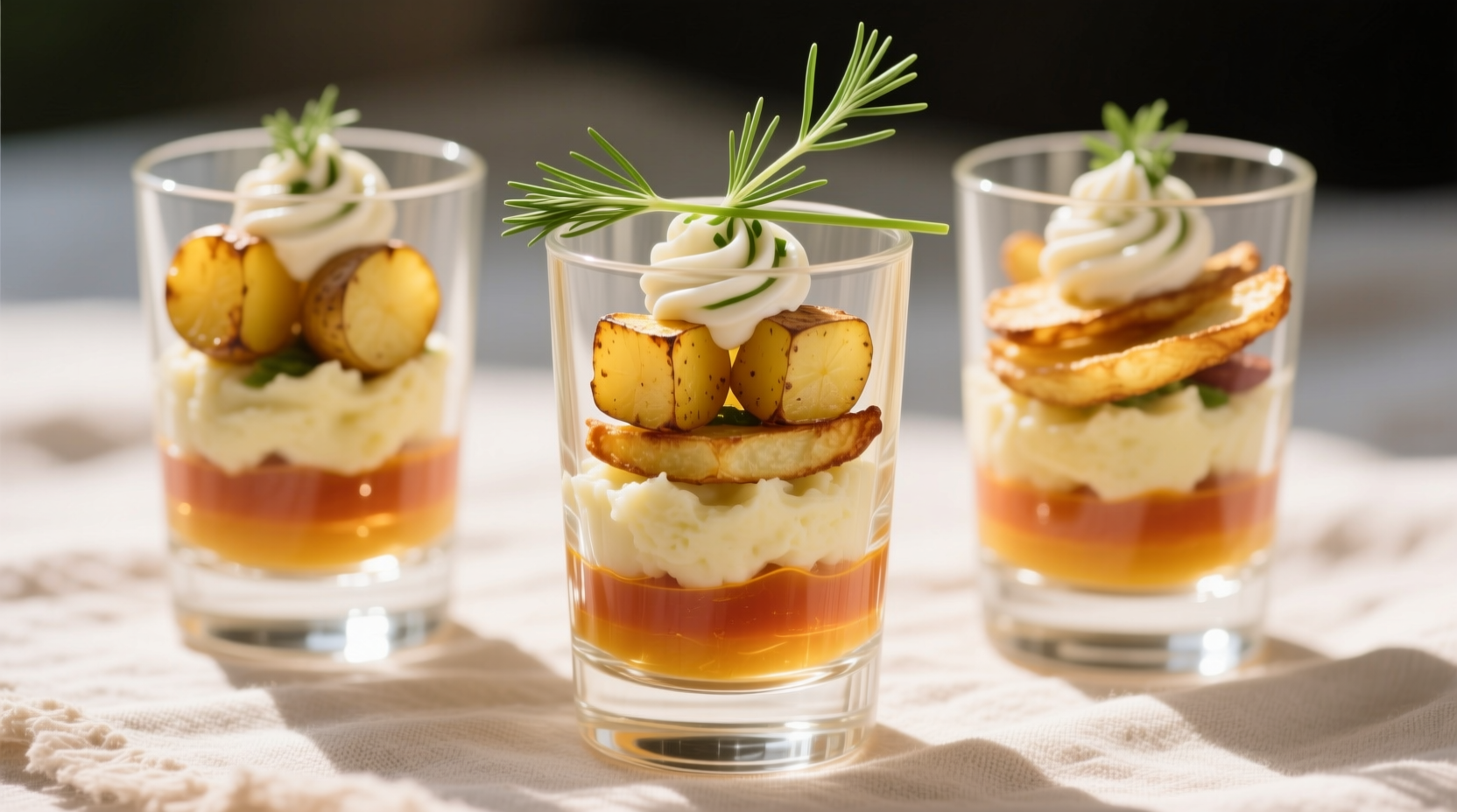 Perfectly layered potato shooters in clear glasses