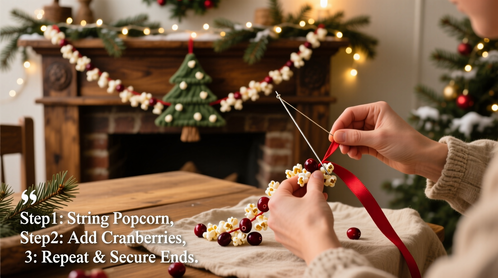 how to make a no sew christmas tree garland from popcorn and cranberries