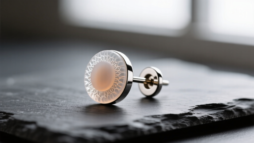 Macro photo of a neodymium magnetic earring back with a textured translucent silicone friction pad, resting on a dark slate surface