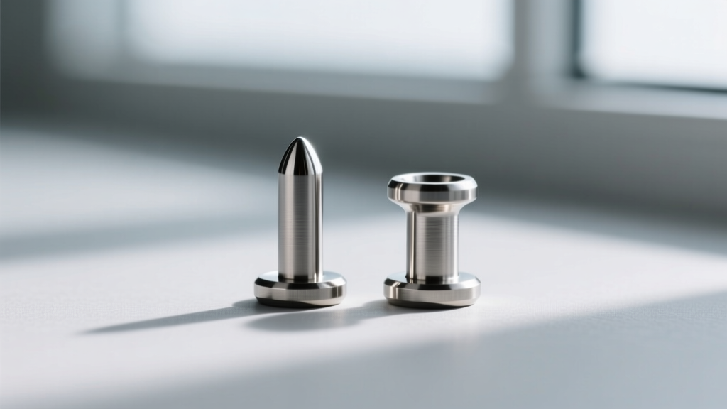 Macro photography of two titanium labret studs side-by-side showing thickness difference between 1.0mm and 1.2mm posts
