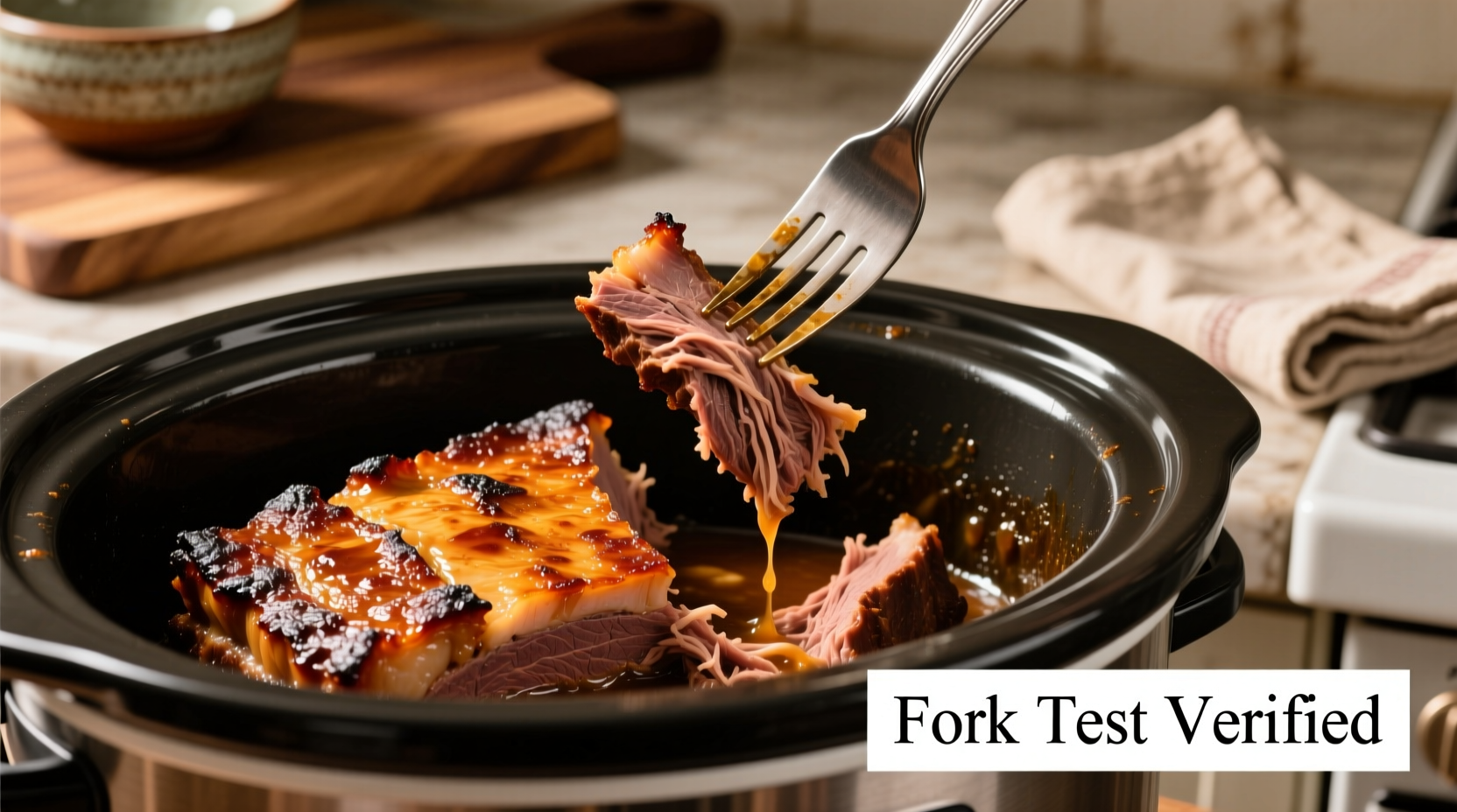 Perfectly cooked slow cooker brisket with fork test