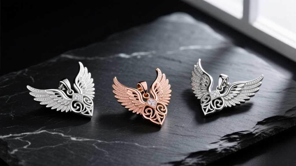 Flat lay of three angel wing pendants in sterling silver, 14k rose gold, and platinum, arranged on a dark slate stone surface.