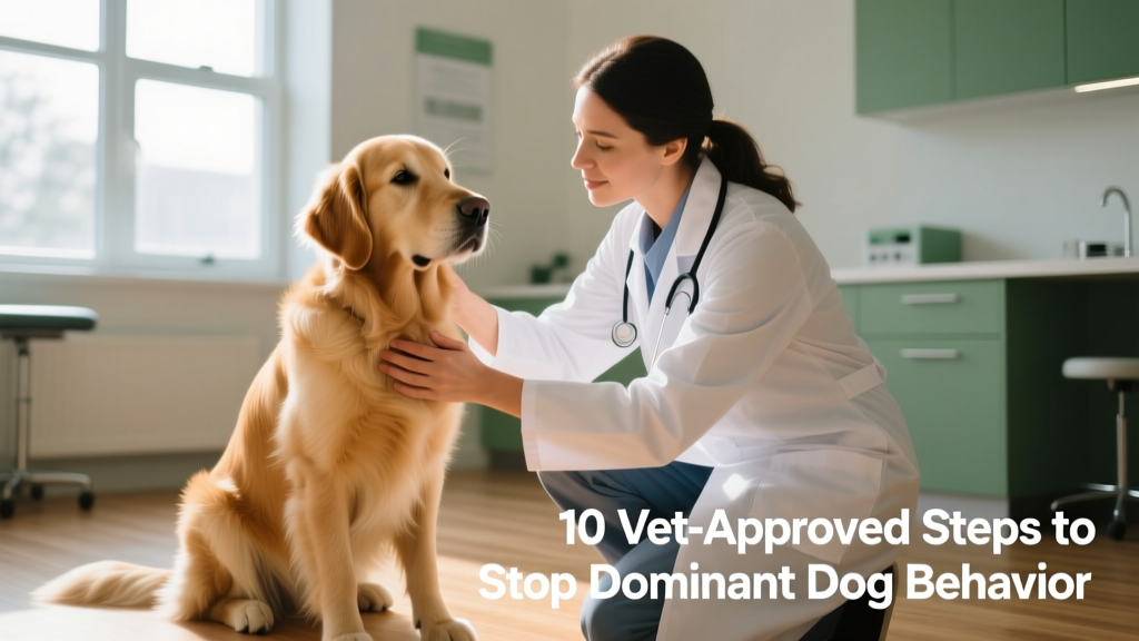 Veterinarian gently examining a calm, seated dog during a wellness check