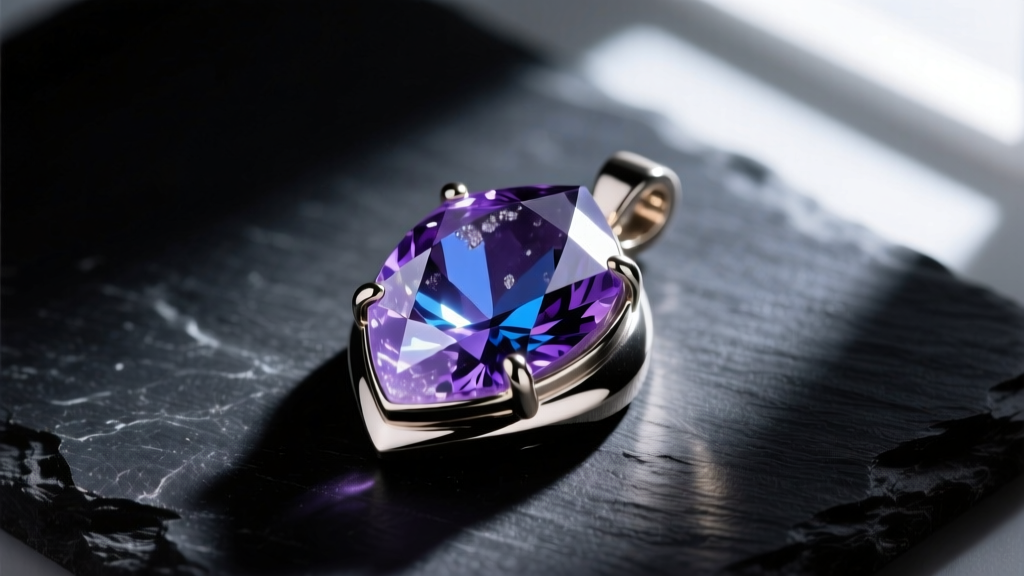Macro shot of a raw amethyst crystal pendant in a brushed titanium bezel on dark slate with dramatic side lighting