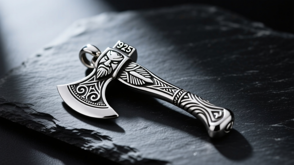 Detailed 925 sterling silver hatchet man pendant on dark slate, showcasing intricate oxidized shading and polished metal edges
