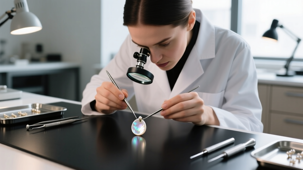 Jeweler using a loupe and pusher tool to tighten a loose bezel on a white mother-of-pearl stud earring at a well-lit workbench.