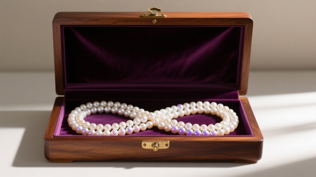 A 30-inch opera-length pearl necklace coiled in a figure-eight pattern inside a velvet-lined wooden jewelry storage box