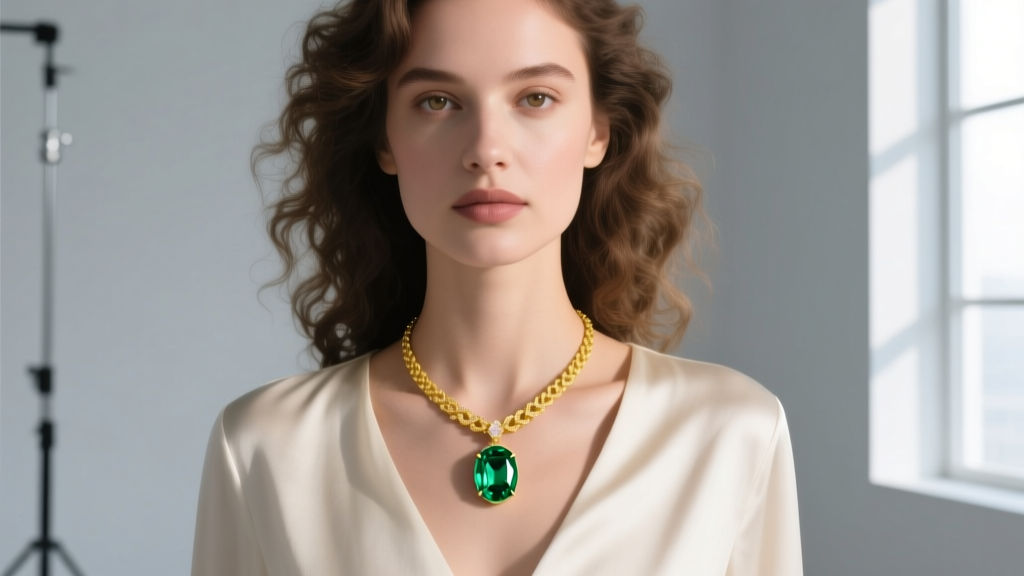 Woman wearing an 18k yellow gold necklace with a vibrant green emerald pendant resting on her collarbone in soft natural lighting